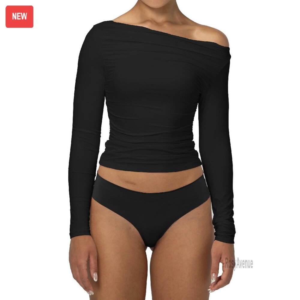 Long Sleeve Off Shoulder Top Slim Fit Double Lined Boat Neck
